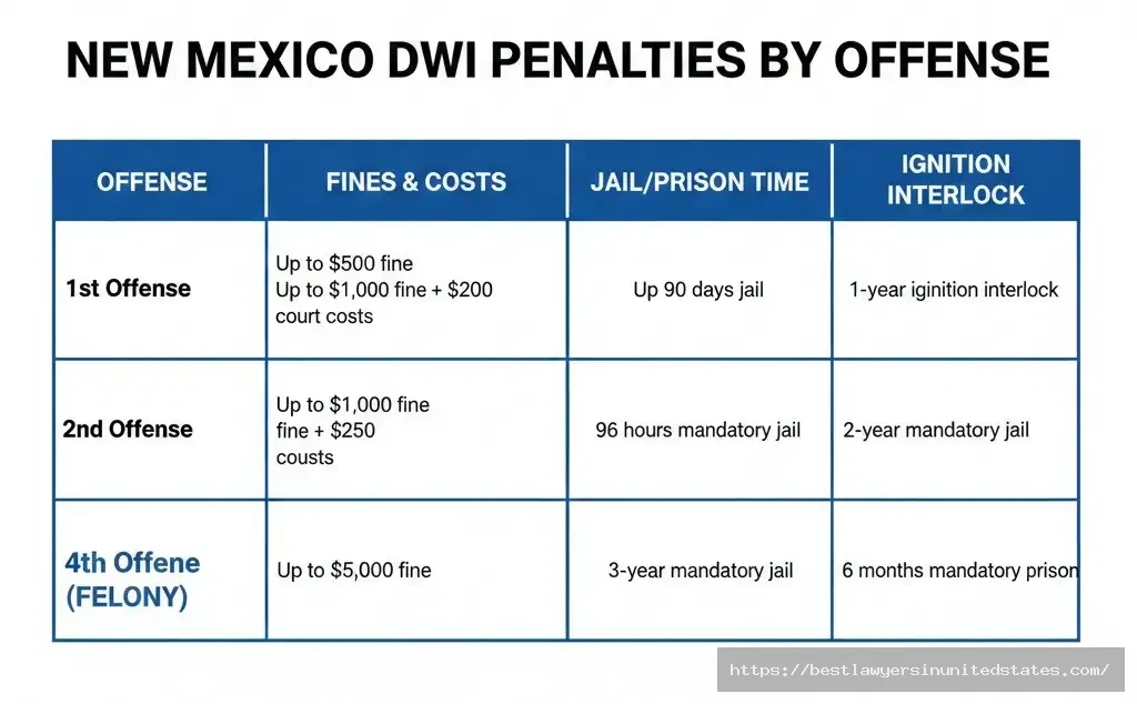 New Mexico DWI penalties chart showing fines, jail time, and ignition interlock requirements for 1st through 4th offense