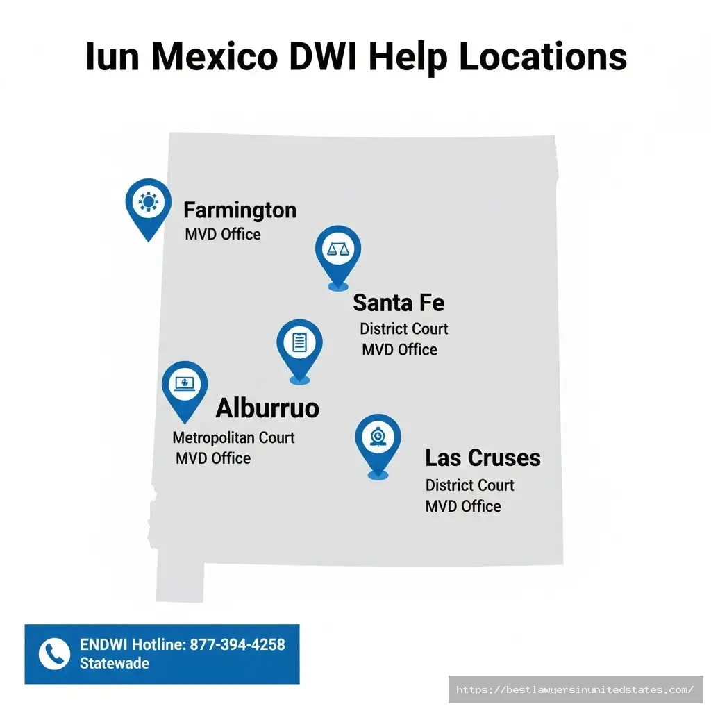New Mexico DWI resources map showing court and MVD locations in Albuquerque, Santa Fe, Las Cruces, and Farmington