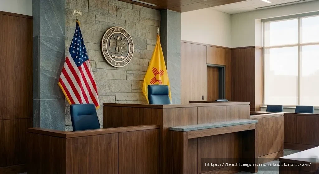 New Mexico district courtroom interior showing judge's bench and state seal where divorce cases are heard