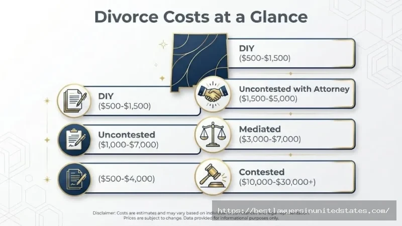 New Mexico divorce cost comparison infographic showing DIY, uncontested, mediated, and contested divorce price ranges for 2026