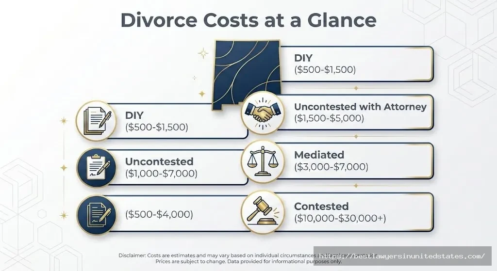 New Mexico divorce cost comparison infographic showing DIY, uncontested, mediated, and contested divorce price ranges for 2026