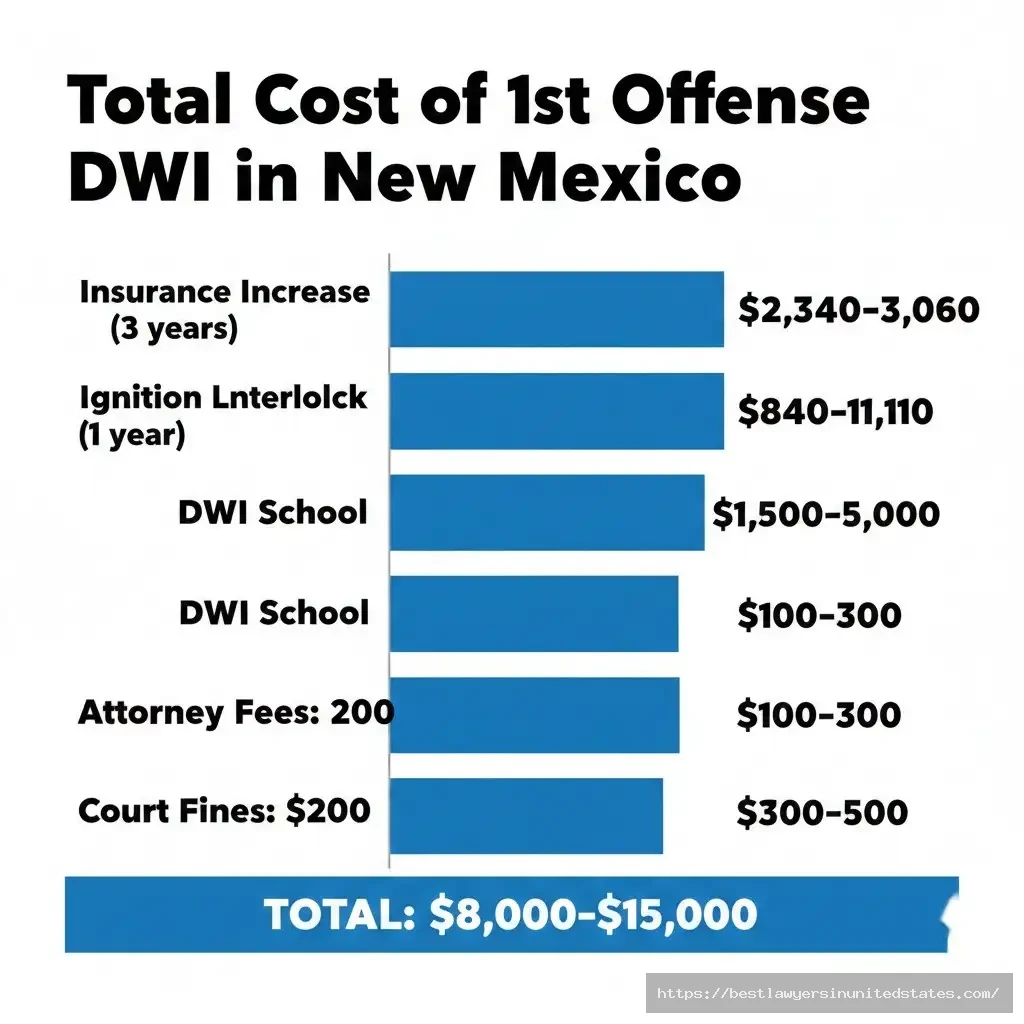 New Mexico first offense DWI total costs $8,000-$15,000 including fines, attorney fees, and ignition interlock