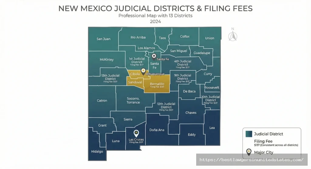 New Mexico judicial district map showing divorce filing fees by county and region with all 13 districts labeled