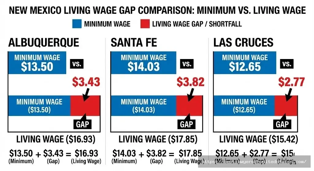New Mexico living wage gap showing minimum wages fall short by $2.77 to $3.82 per hour in major cities