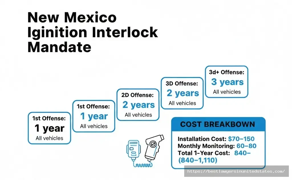 New Mexico mandatory ignition interlock 1-3 years depending on offense, costs $840-$3,030 total