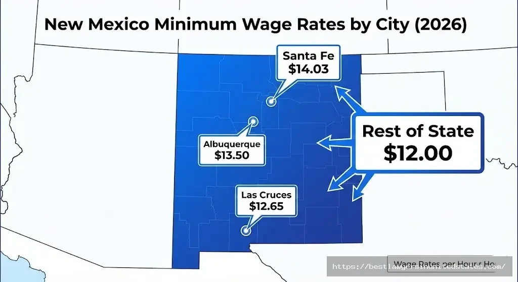 New Mexico map showing city-specific minimum wages Albuquerque Santa Fe Las Cruces with different rates