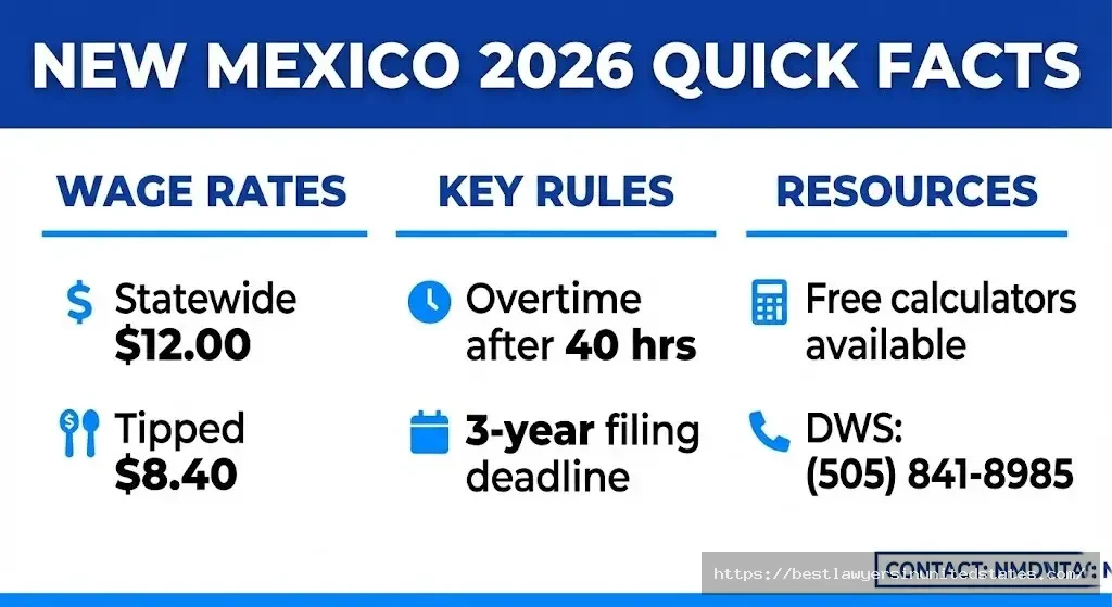 New Mexico minimum wage 2026 quick reference guide showing rates overtime rules and Department of Workforce Solutions contact