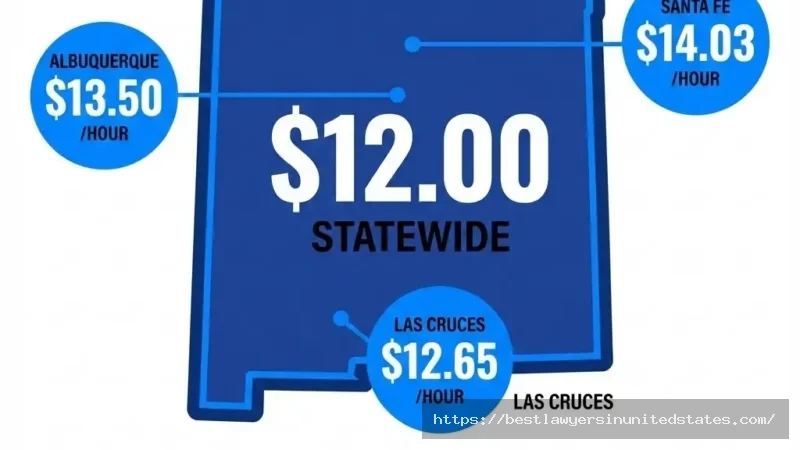 New Mexico minimum wage 2026 rates by city showing statewide $12 hourly rate with higher local wages