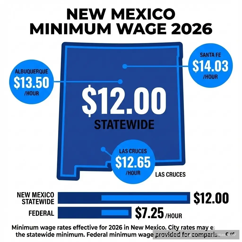 New Mexico minimum wage 2026 rates by city showing statewide $12 hourly rate with higher local wages
