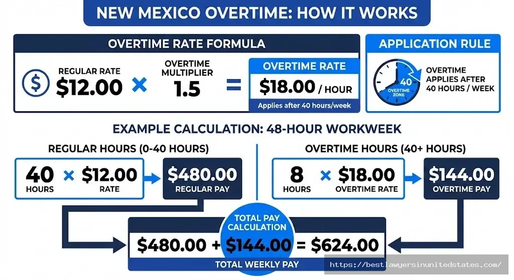 New Mexico overtime pay calculation showing time and a half rate of $18 per hour after 40 hours weekly