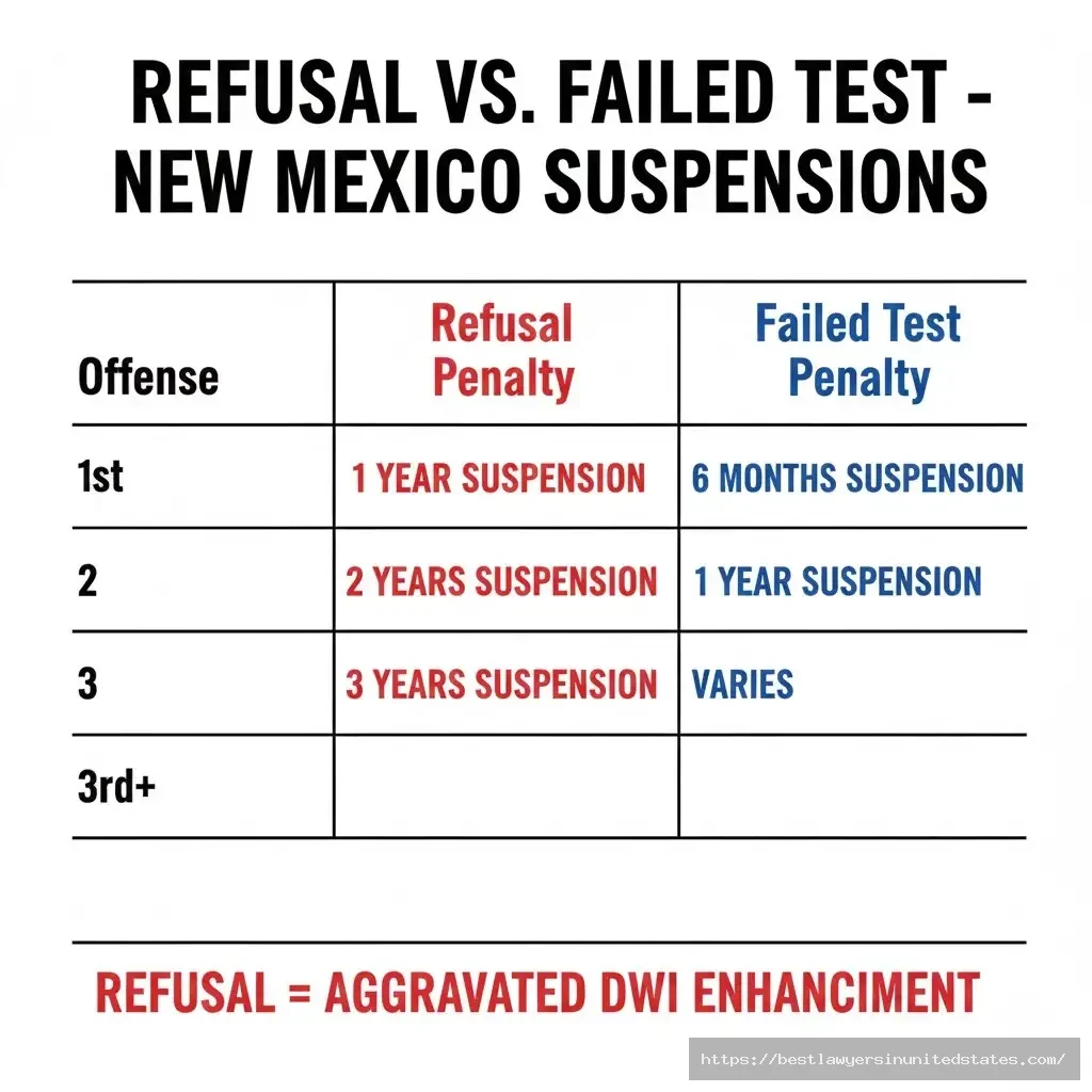 New Mexico test refusal penalties 1-3 year suspension vs 6-12 months for failed test, plus aggravated DWI charges