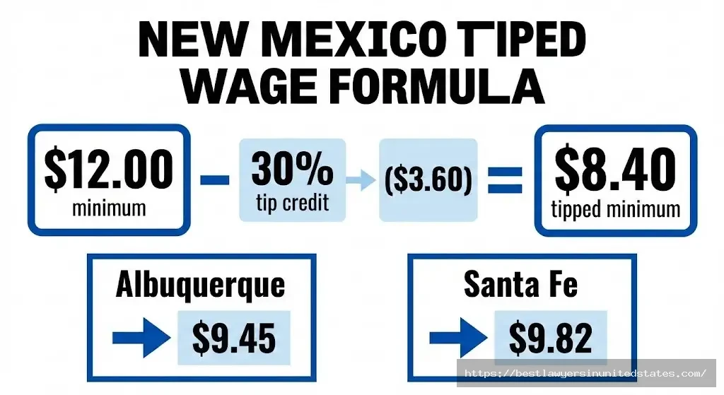 New Mexico tipped minimum wage calculation showing 30 percent tip credit formula equals $8.40 hourly rate