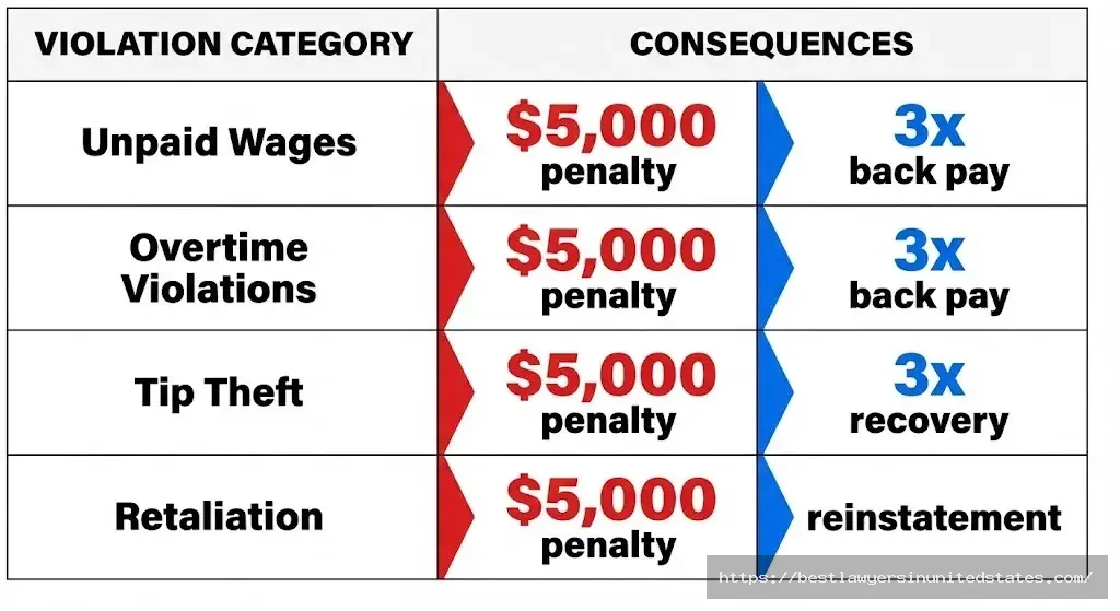 New Mexico wage violation penalties showing employers face $5000 fines plus triple damages for unpaid wages