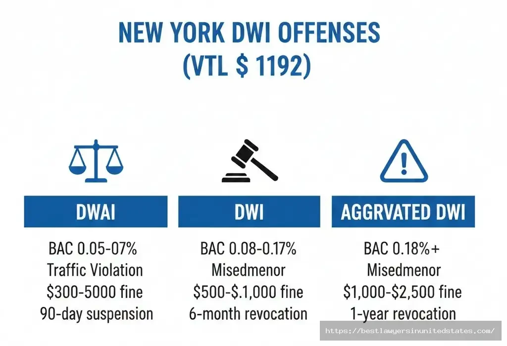 New York DWI DWAI Aggravated DWI comparison chart showing BAC limits fines jail time license penalties 2026