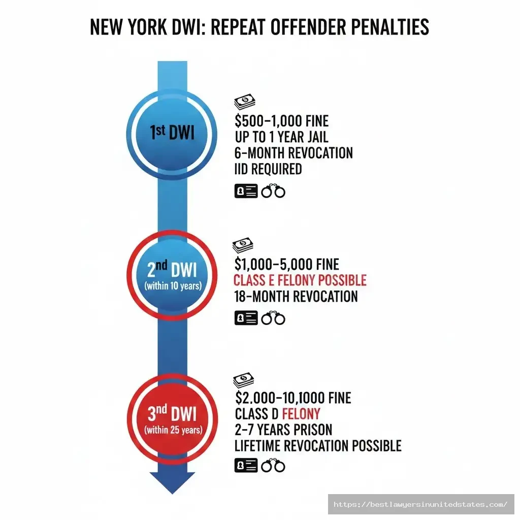 New York DWI penalties first second third offense fines jail time license revocation felony charges timeline 2026