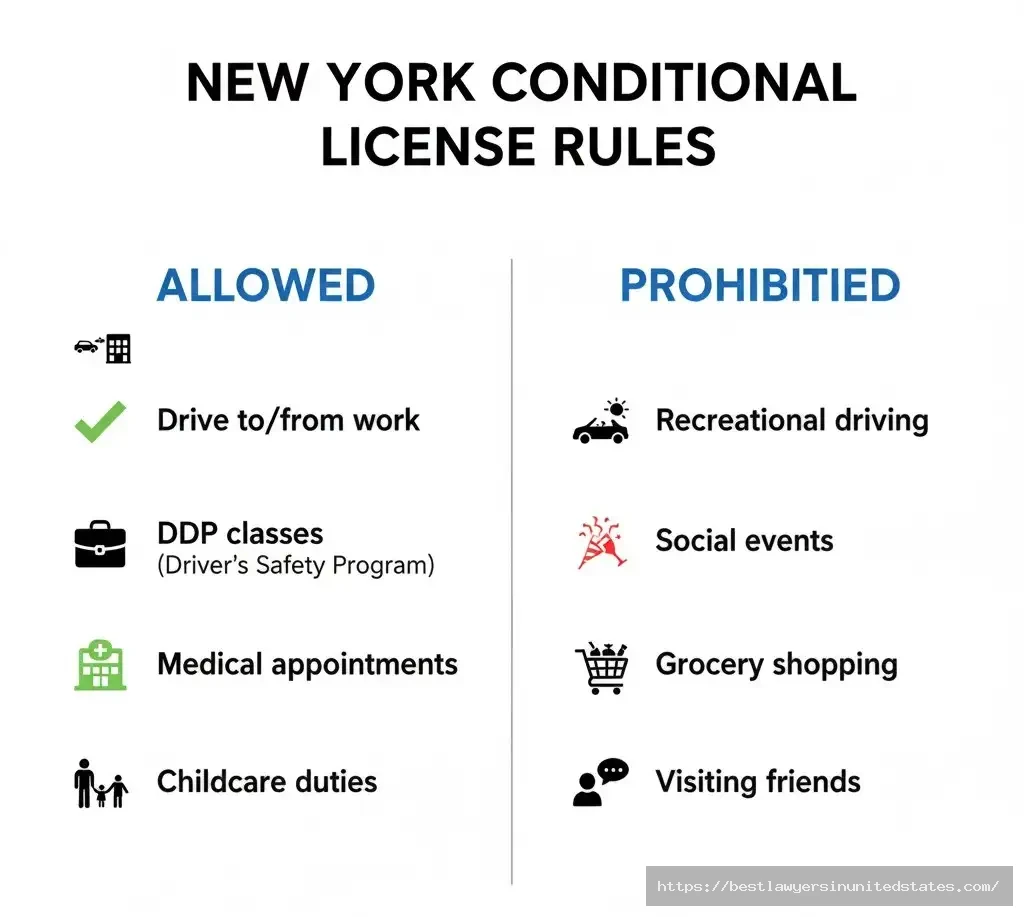 New York conditional license restrictions allowed prohibited uses work medical DDP classes recreational driving 2026
