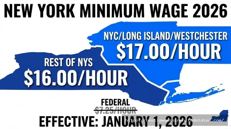 New York minimum wage 2026 rates showing $17 for NYC Long Island Westchester and $16 for rest of state