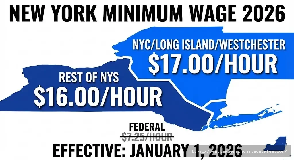 New York minimum wage 2026 rates showing $17 for NYC Long Island Westchester and $16 for rest of state
