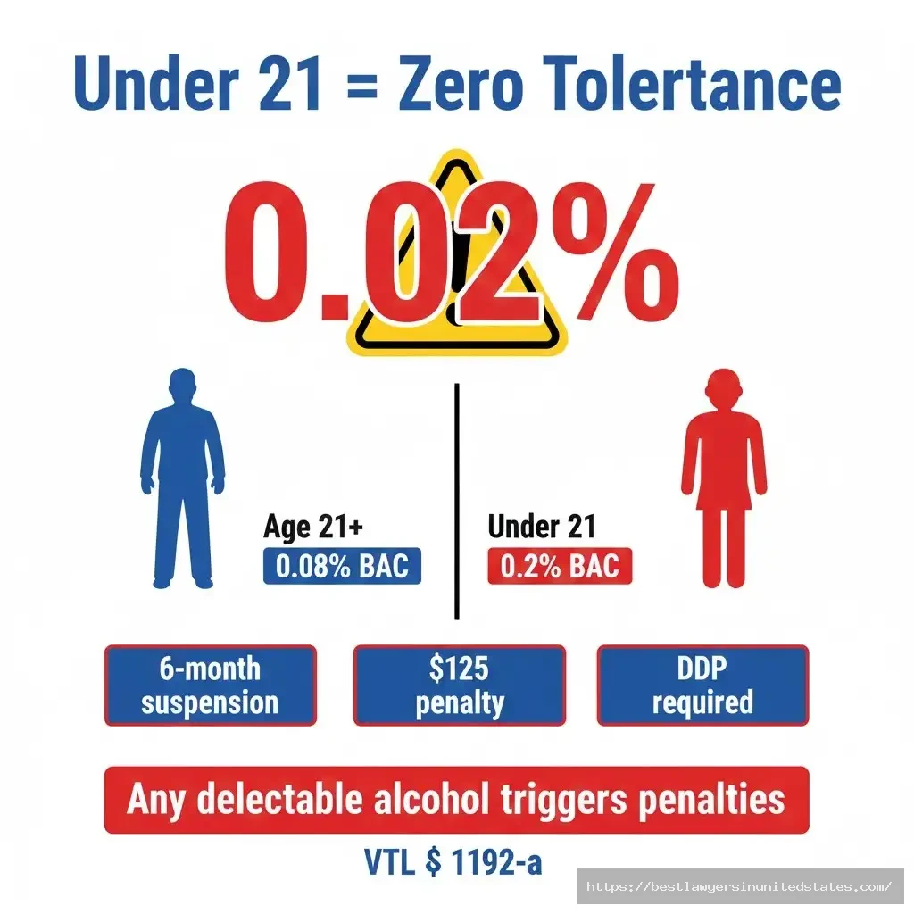 New York zero tolerance law under 21 drivers 0.02 BAC limit penalties license suspension DDP requirement 2026