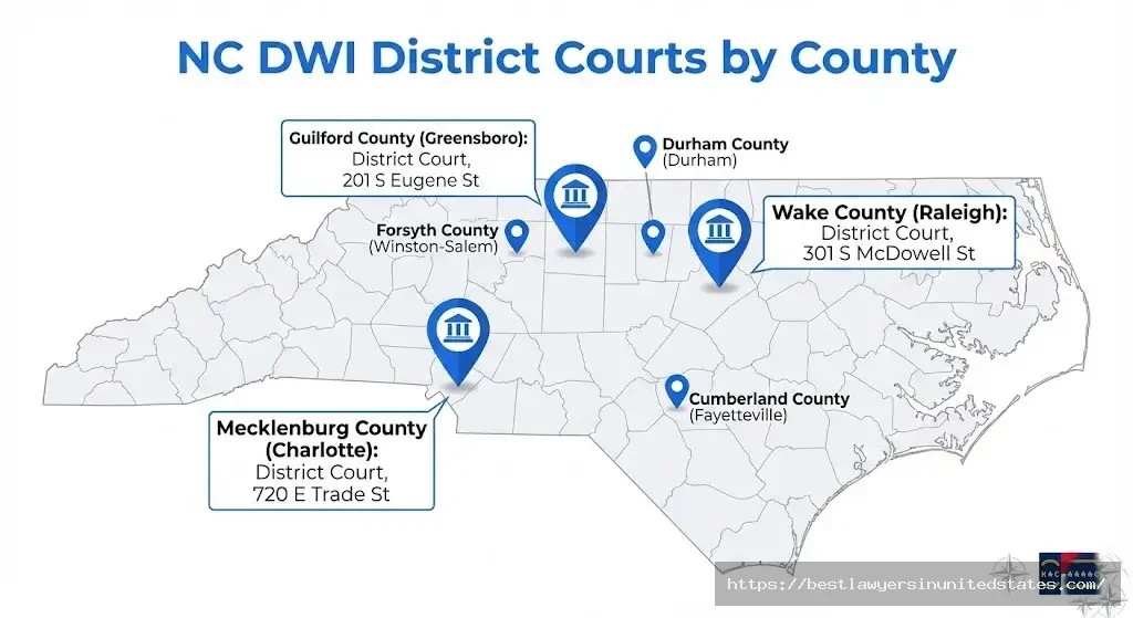 North Carolina DWI court locations map showing Mecklenburg, Wake, Guilford county district courts and major courthouse addresses