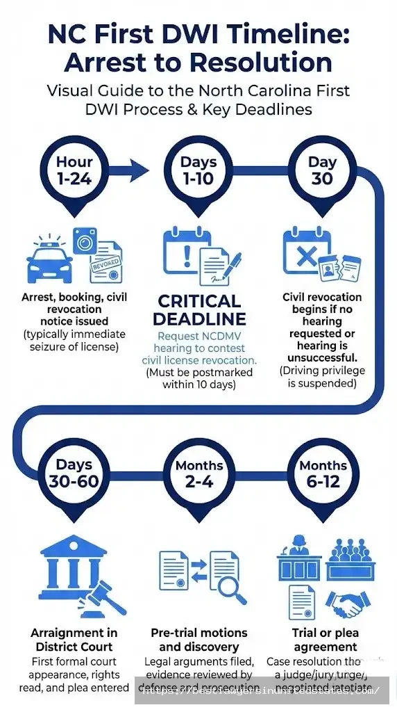 North Carolina first DWI timeline from arrest to court showing 10-day NCDMV hearing deadline and 6-12 month process