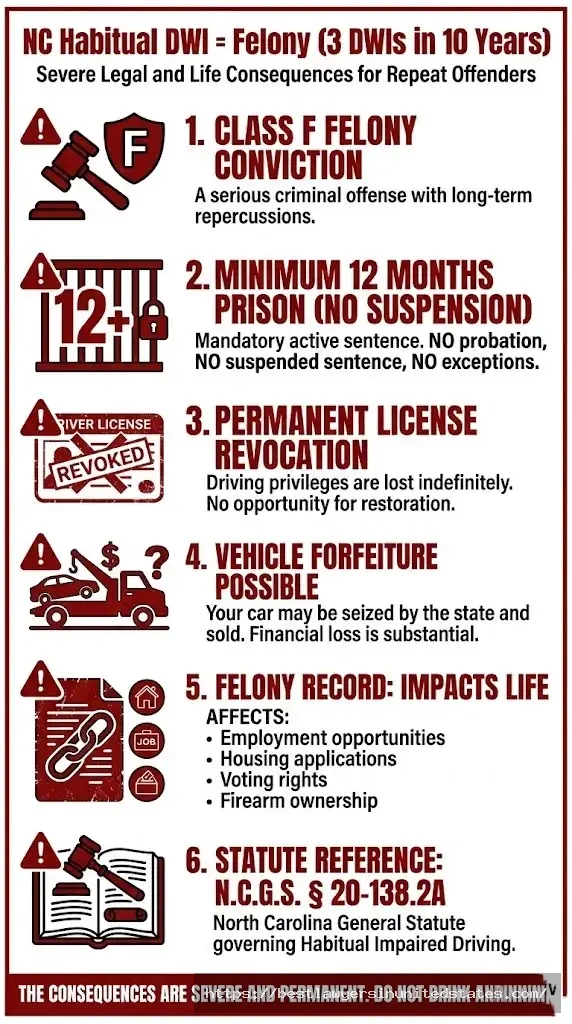 North Carolina habitual DWI felony penalties 3 DWIs in 10 years equals Class F felony with 12-month minimum prison