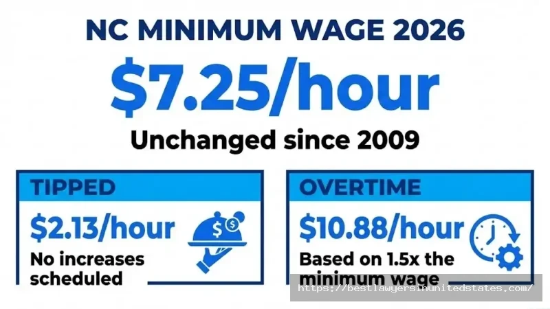 North Carolina minimum wage 2026 rates showing $7.25 standard, $2.13 tipped, $10.88 overtime per hour