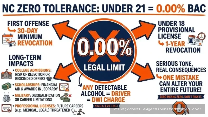 North Carolina zero tolerance DWI law drivers under 21 face charges at 0.00% BAC with 30-day license suspension minimum