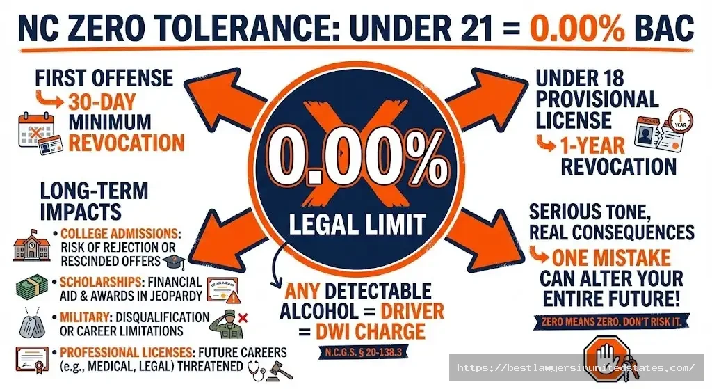 North Carolina zero tolerance DWI law drivers under 21 face charges at 0.00% BAC with 30-day license suspension minimum