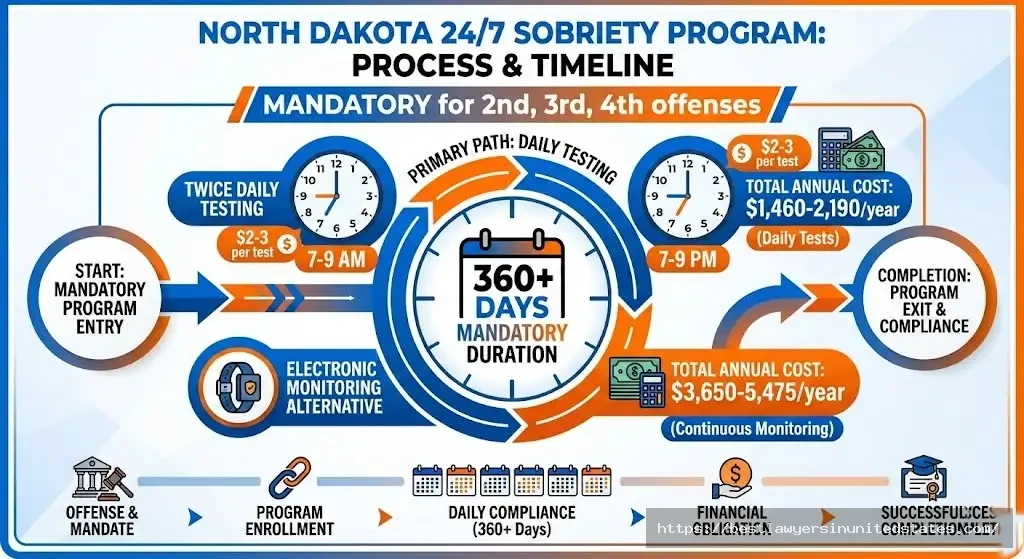 North Dakota 247 Sobriety Program requires twice-daily breath testing for 360+ days costing $1460-$5475 annually for repeat DUI offenders