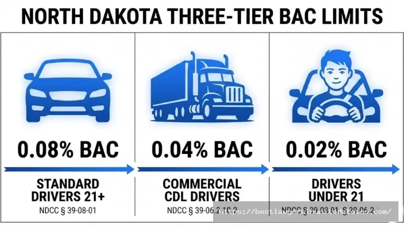 North Dakota BAC limits 0.08% standard, 0.04% CDL, 0.02% under 21 with statute numbers NDCC 39-08-01