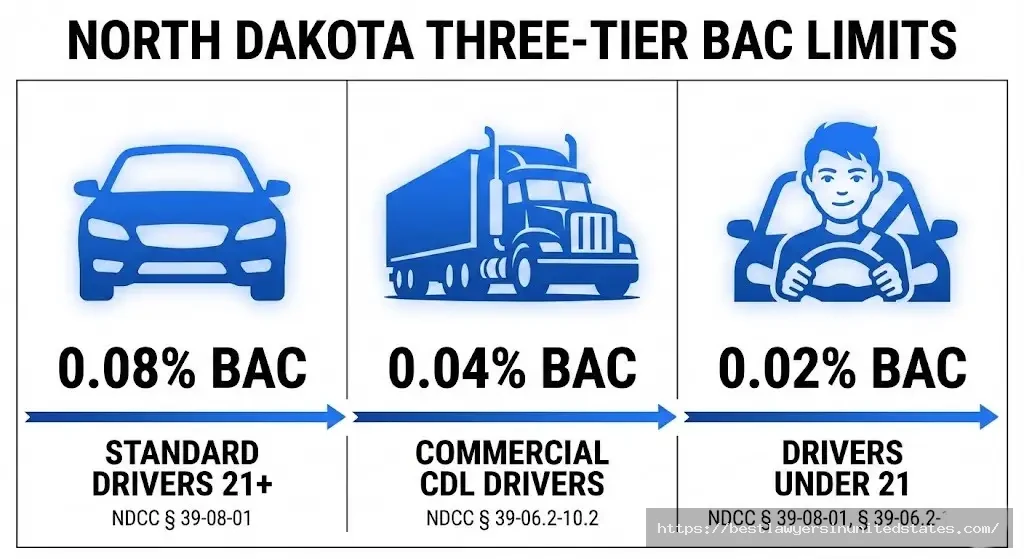 North Dakota BAC limits 0.08% standard, 0.04% CDL, 0.02% under 21 with statute numbers NDCC 39-08-01