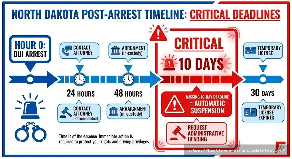 North Dakota DUI arrest timeline 10-day deadline for administrative hearing request, 48-hour arraignment, attorney contact critical