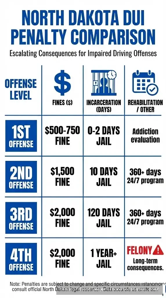 North Dakota DUI penalties chart showing fines from $500-$2000 and jail time by offense level with 247 program requirements