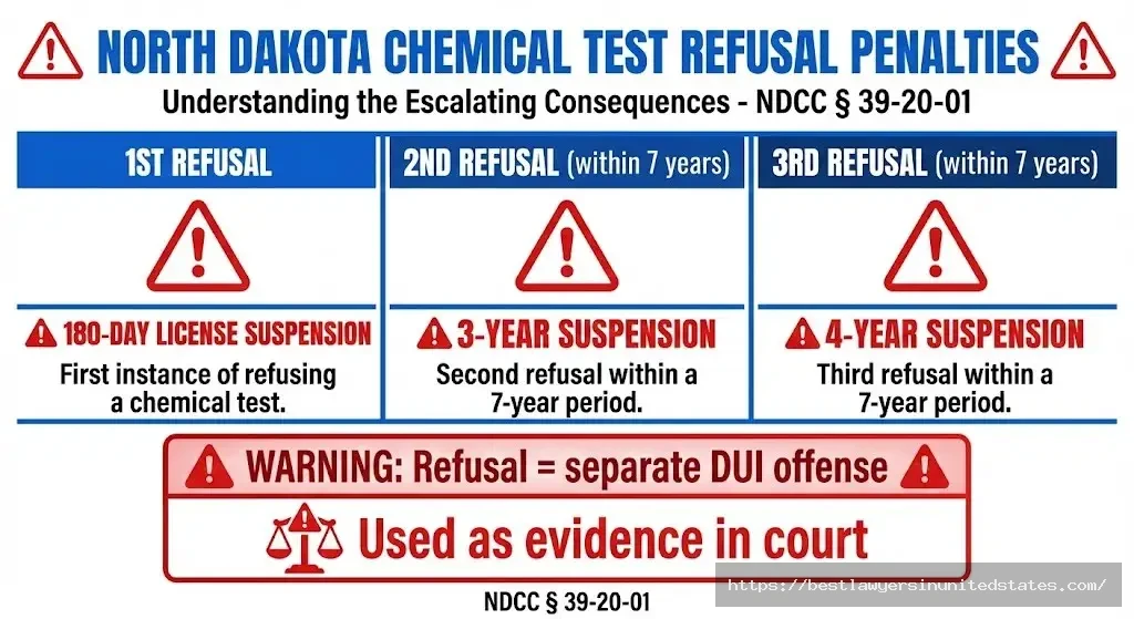 North Dakota DUI test refusal penalties 180 days first, 3 years second, 4 years third suspension under NDCC 39-20-01 implied consent