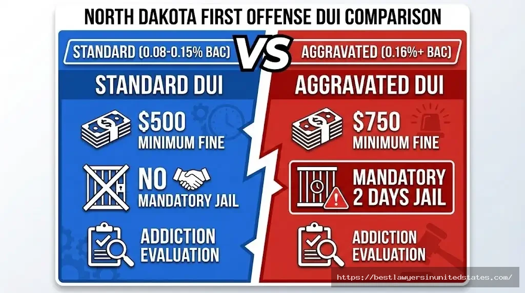 North Dakota aggravated DUI 0.16% BAC $750 fine and 2 days jail vs standard first offense $500 fine no mandatory jail
