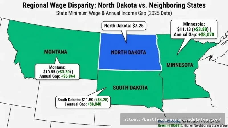 North Dakota border state minimum wage comparison map showing wage gaps with Minnesota, South Dakota, and Montana
