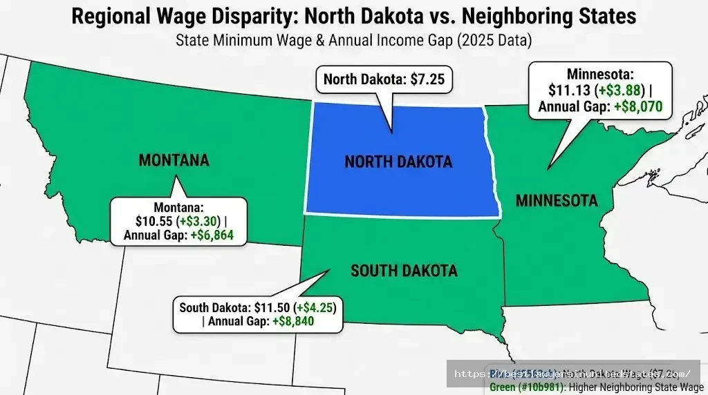 North Dakota border state minimum wage comparison map showing wage gaps with Minnesota, South Dakota, and Montana
