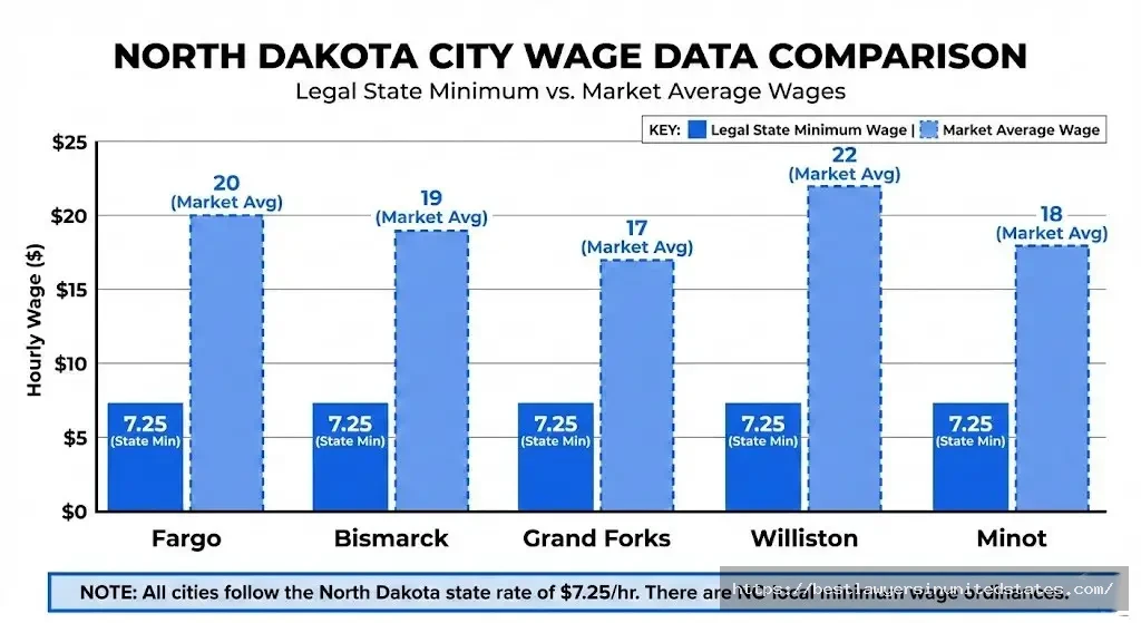 North Dakota city minimum wage comparison for Fargo, Bismarck, Grand Forks, Williston, and Minot showing uniform $7.25 rate