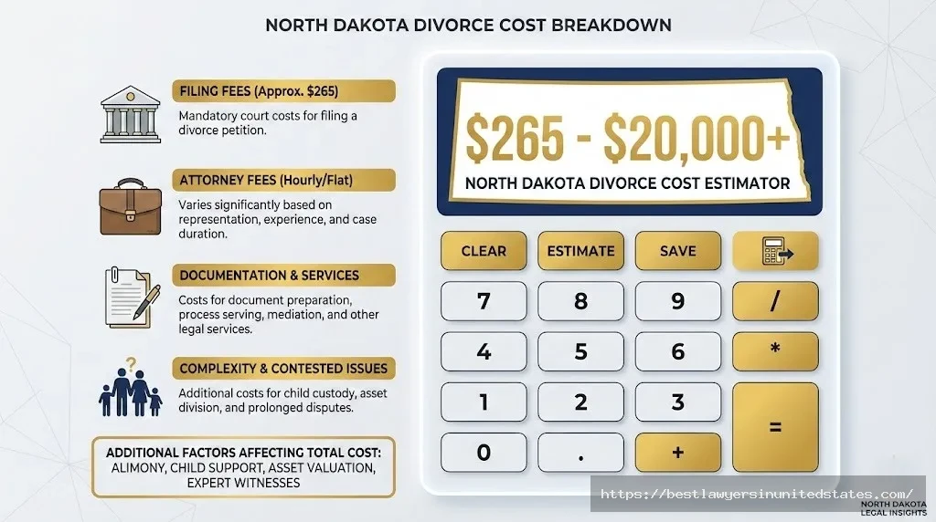 North Dakota divorce cost calculator showing price ranges from $265 for DIY to $20,000 for contested cases