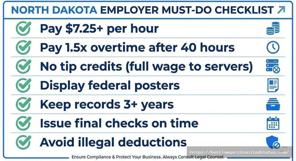 North Dakota employer wage compliance checklist showing minimum wage, overtime, and record-keeping requirements