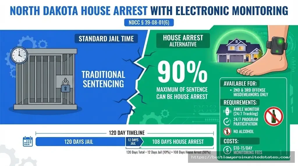 North Dakota house arrest option for 2nd-3rd DUI 90% maximum sentence with electronic monitoring $10-15 daily under NDCC 39-08-01