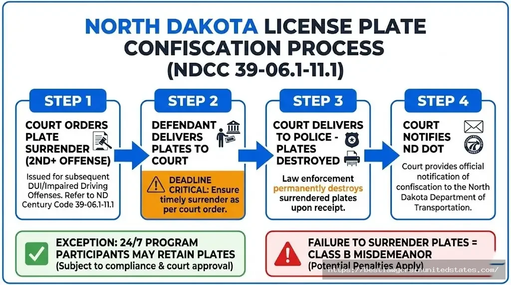 North Dakota license plate confiscation process for 2nd DUI court order, surrender, destruction, DOT notification under NDCC 39-08-01