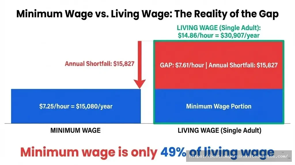 North Dakota living wage gap showing minimum wage of $7.25 versus required $14.86 living wage for single adults