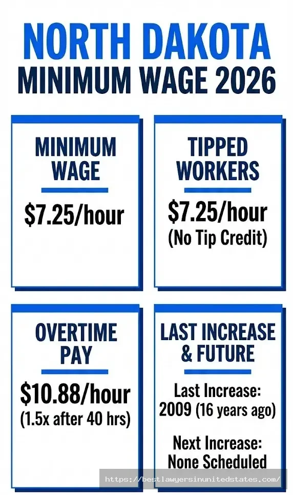 North Dakota minimum wage 2026 rates showing $7.25 hourly wage and tipped employee requirements