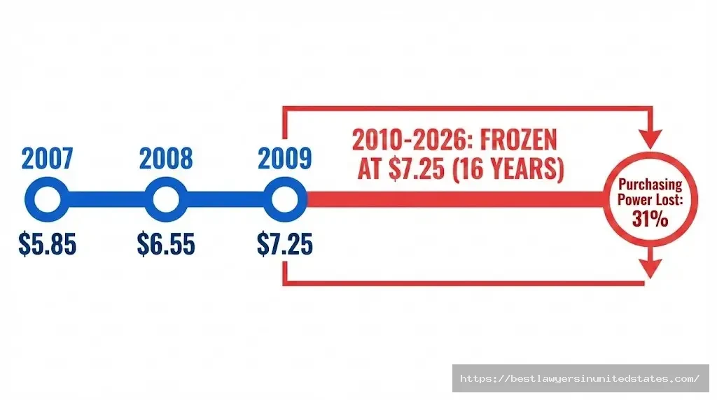 North Dakota minimum wage history timeline showing 16-year freeze at $7.25 since 2009