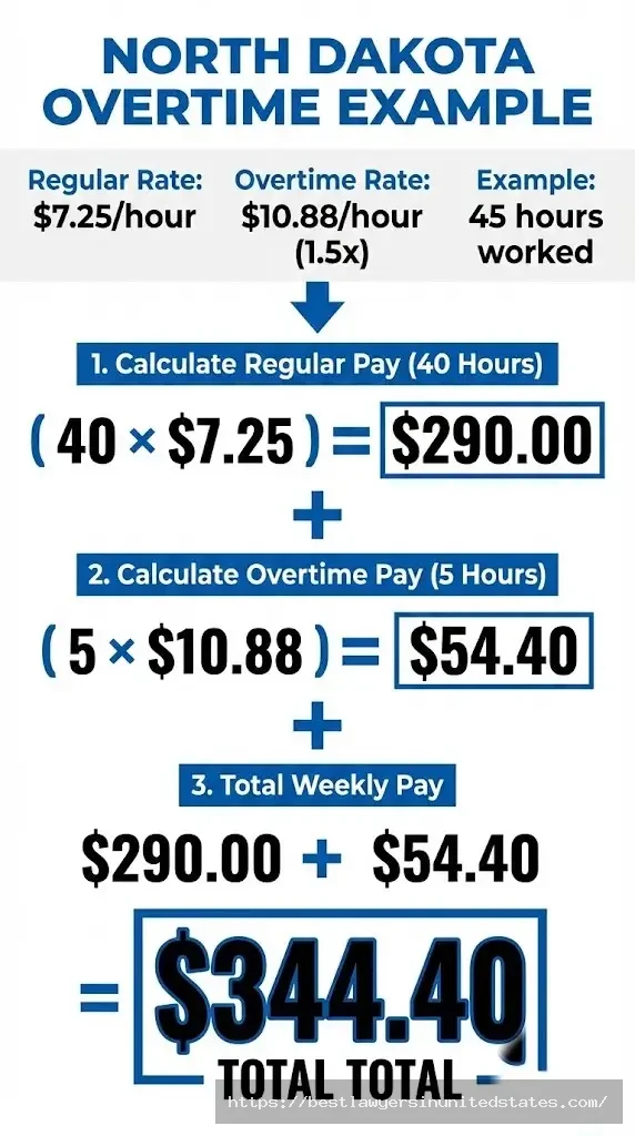 North Dakota overtime pay calculation example showing $10.88 overtime rate for hours over 40 per week