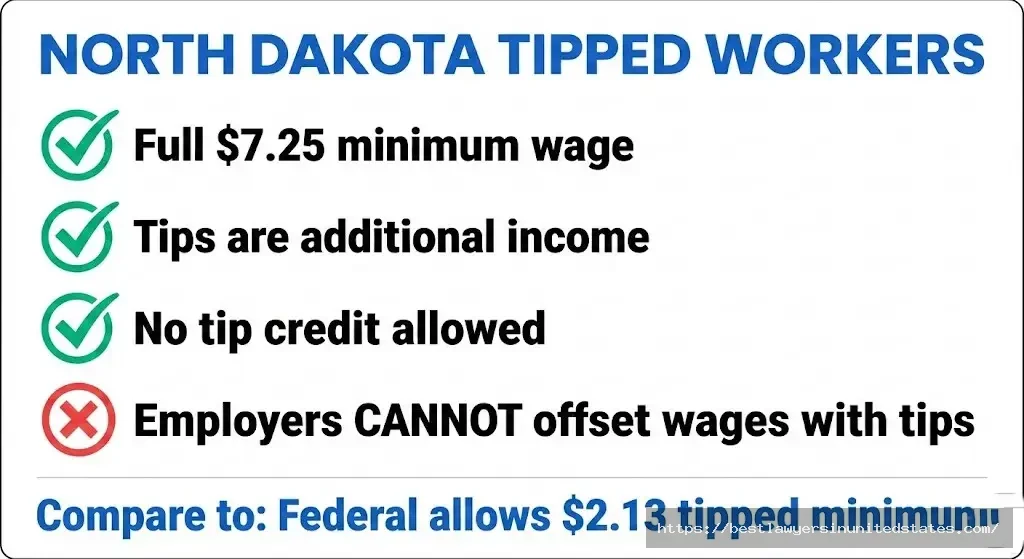 North Dakota tipped employee minimum wage protection showing no tip credit policy and full $7.25 wage requirement