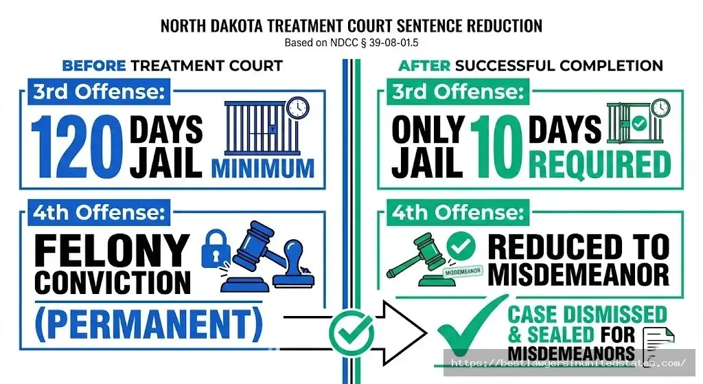 North Dakota treatment court reduces 3rd DUI from 120 to 10 days jail, downgrades 4th offense felony to misdemeanor under NDCC 39-08-01.5
