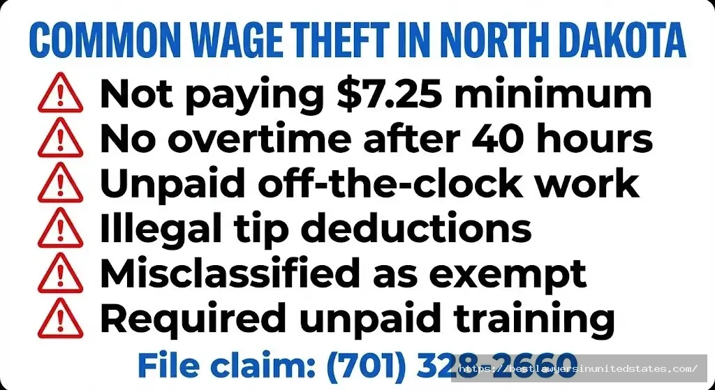 North Dakota wage theft violation types and reporting information for workers experiencing unpaid wages